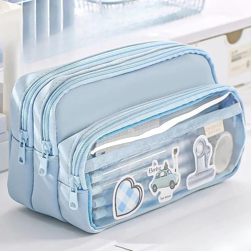 

3 Layers Large Capacity Pencil Bag Stationery Aesthetic Transparent Grid Pen Case Girl Zipper Pencil Pouch School Supplies