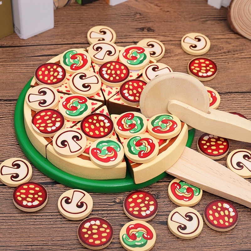 Melissa Doug Wooden Pizza Slice Pretend Play Mainan Velcro Peran Masak-Masakan Kayu Potong Cutting P