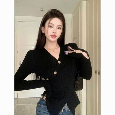 [Lizhi]Sweater wanita kerah V silang, sweater bottoming slim fit, atasan unik