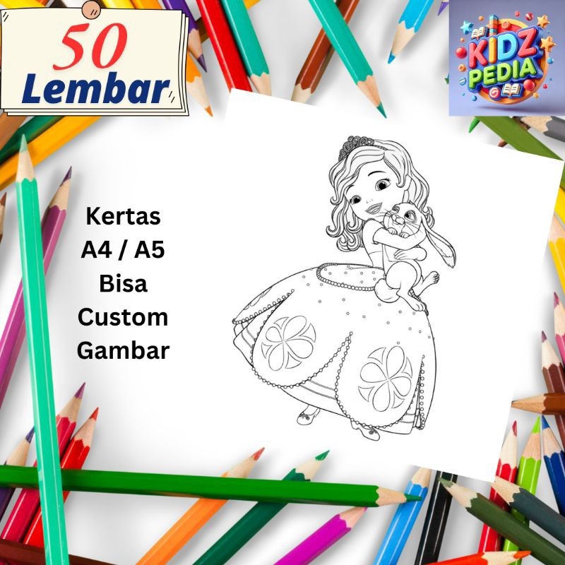 

50 Lembar Kertas Mewarnai Anak Tema Lucu Cantik Princess Disney Ukuran A4 A5