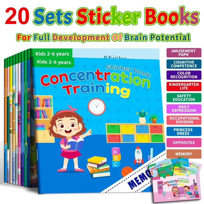 

Montessori Toys Cartoon Sticker Books Focus on Potential Development Education Sticker Toys for Children 3-6Y