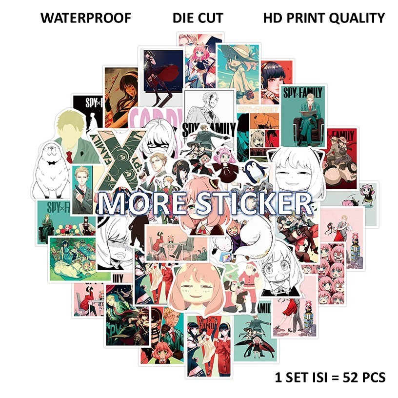 

ISI 52 PCS STICKER PACK MOTIF ANIME SPY X FAMILY ANYA PVC VINYL WATERPROOF UKURAN 4-5CM HP LAPTOP KOPER HELM MOTOR