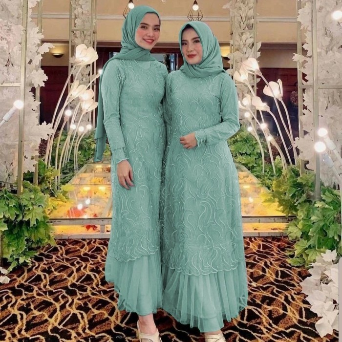 gamis genta mint l dress pesta brukat tile cantik murah gera at