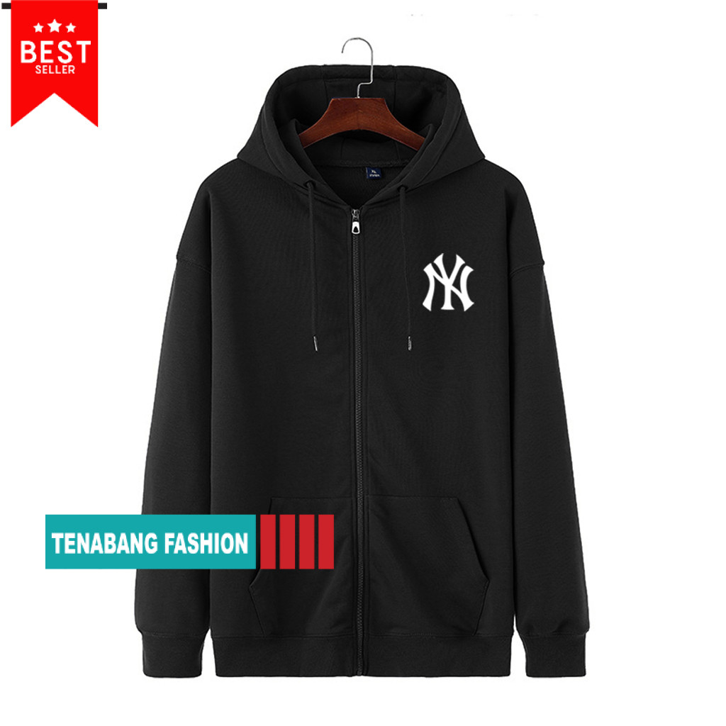 Jaket Zipper Pria Wanita Size M - XXL Hoodie Motif Sablon NY YANKEES Logo Bahan Tebal Premium