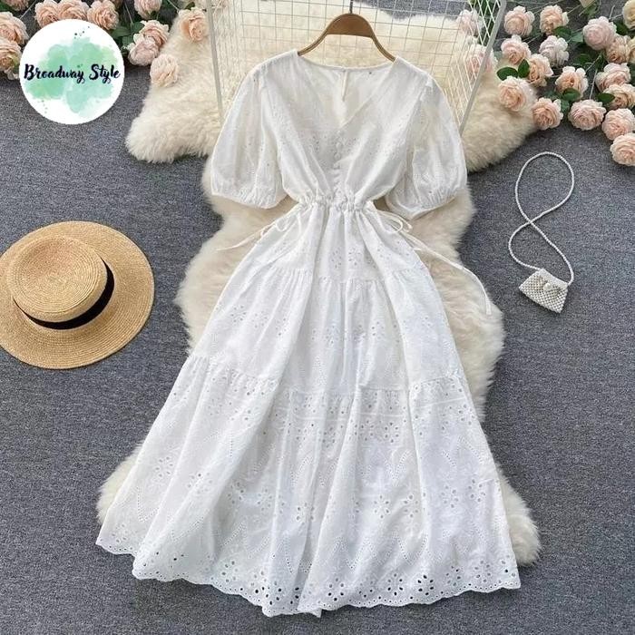 MUMPUNG PROMOMaxi Bohemian Dress Embroidery Drawstring Katbol Baju Terusan Wanita - PutihTERLARIS