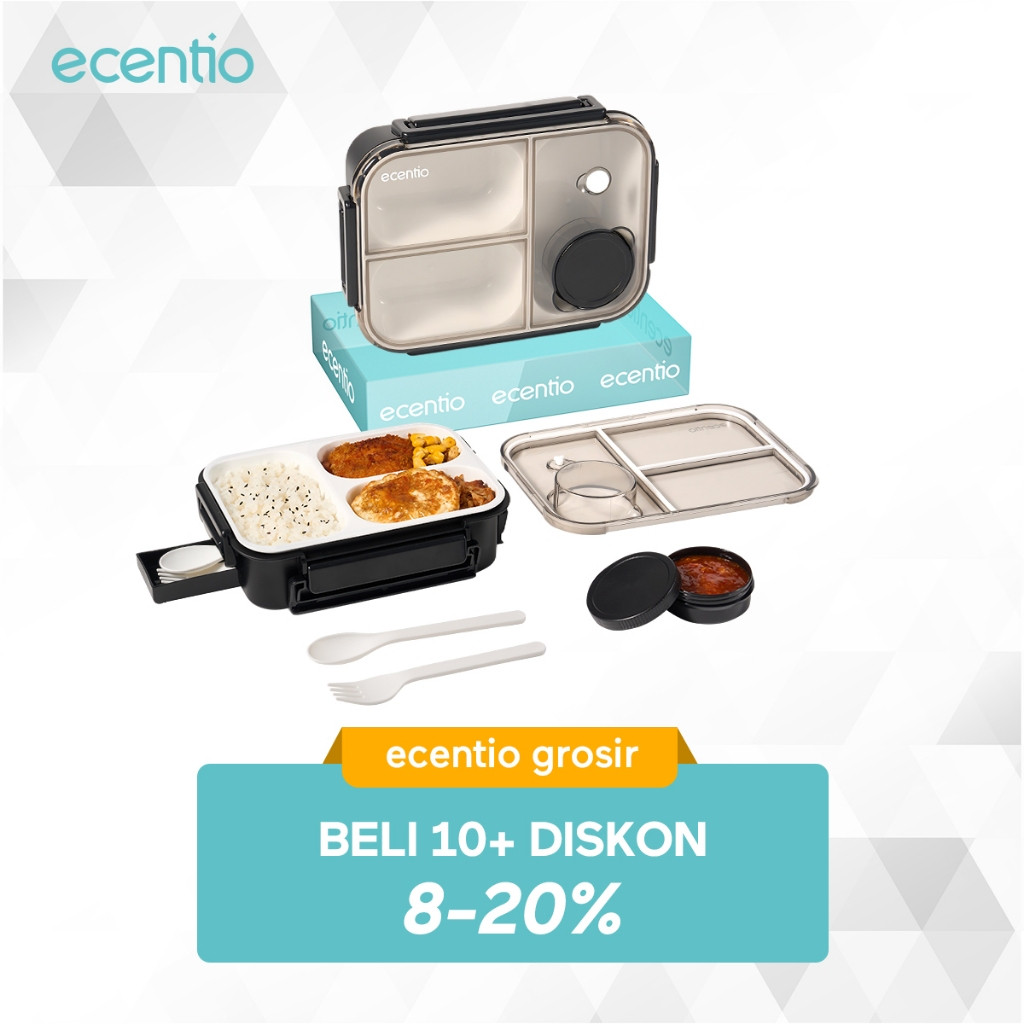 

【2.0 Anti Tumpah】【Grosir】Ecentio Leakage Proof 3 Grid 800ml Kotak Bekal Plastic Black Microwavable Ecentio Lunch Box With Inner Rubber Refrigerable Food Sendok Garpu