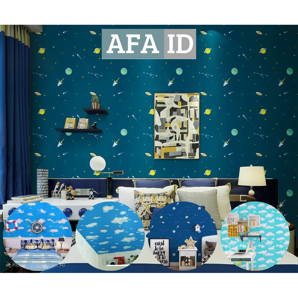 Wallpaper Plafon & Dinding Awan Planet Pesawat Biru Tua Muda GH144 GH001 GH141 CY1102 by AFA ID