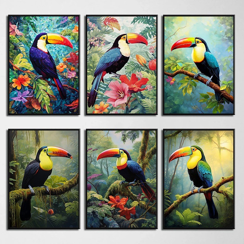 

Coloured Toucan Bird with Flowers Jungle Bird Animal Posters Prints Canvas Painting Wall Art Picture for Living Room Home Decor
