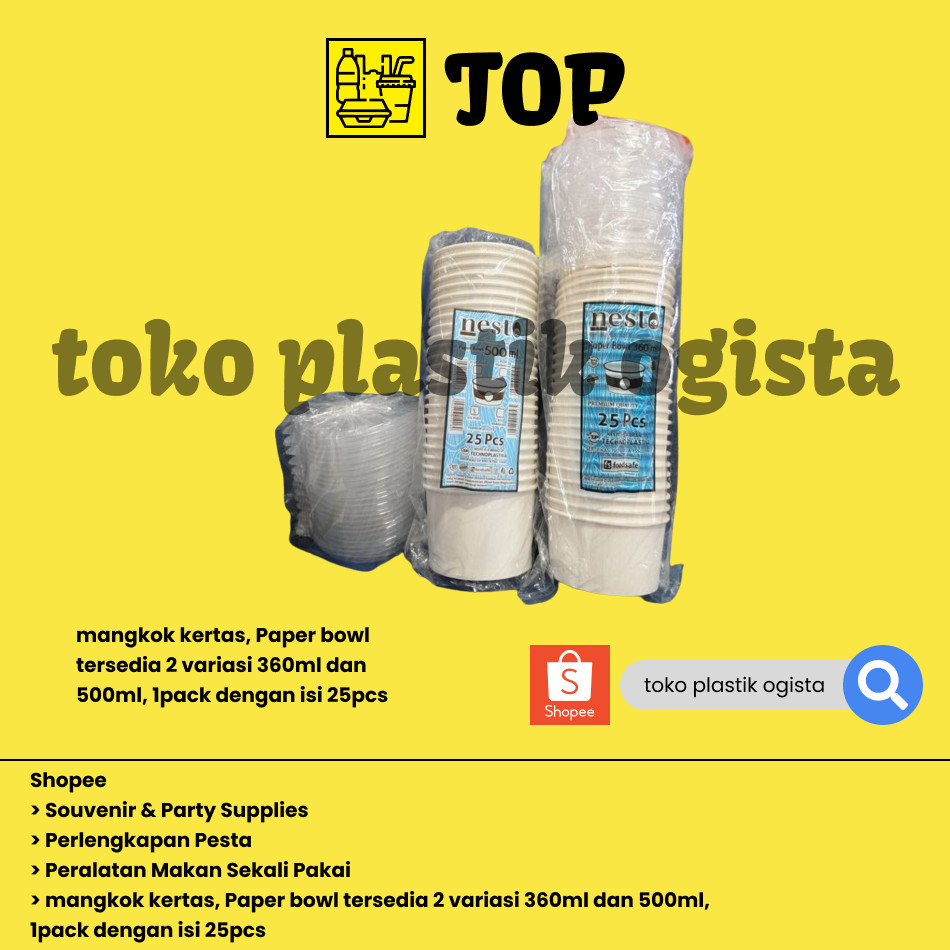 

mangkok kertas, Paper bowl nesto putih tersedia 2 variasi 360ml dan 500ml, 1pack dengan isi 25pcs
