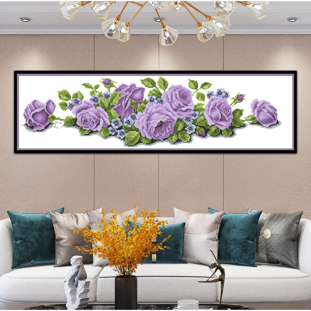 

Printed Cross Embroidery Set Handmade DIY Easy Craft Long Edition Purple Rose Flower Pattern Home Decoration Hanging Painting