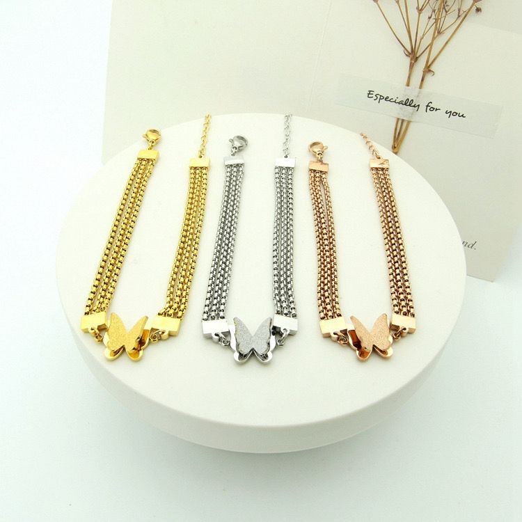 [ Bayar Ditempat ] Gelang Serut Wanita Titanium Rose Gold Kupu Kupu Anti Karat / Gelang Titanium Asl