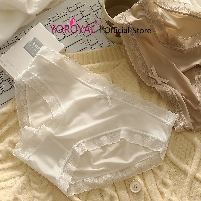 YOROYAL Celana Dalam CD Wanita Bahan Sutra Motif Pita Polos Pinggiran Lace Halus Dingin