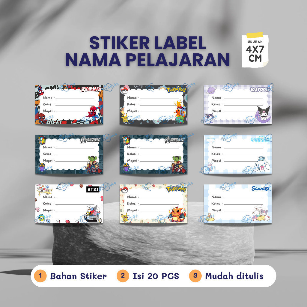 

Stiker Mapel / Stiker Label Buku Pelajaran Karekter / Stiker Buku Spiderman / Cinnamoroll / Sanrio / Kurumi isi 20 pcs