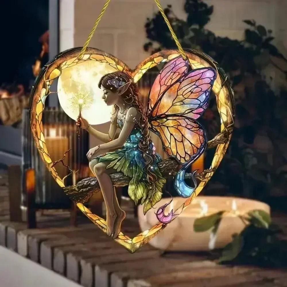 

2025 Fairy Angel Colorful Art Flower Suncatcher Stained Window Hanging Round Acrylic Pendant For Home Garden Yard Ornament Decor