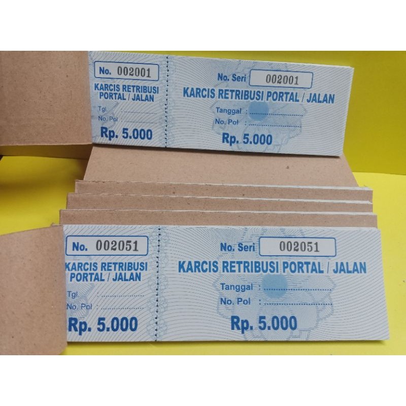 

KARCIS PORTAL JALAN/KARCIS PARKIR MOTOR MOBIL 5 RIBU, 10 RIBU
