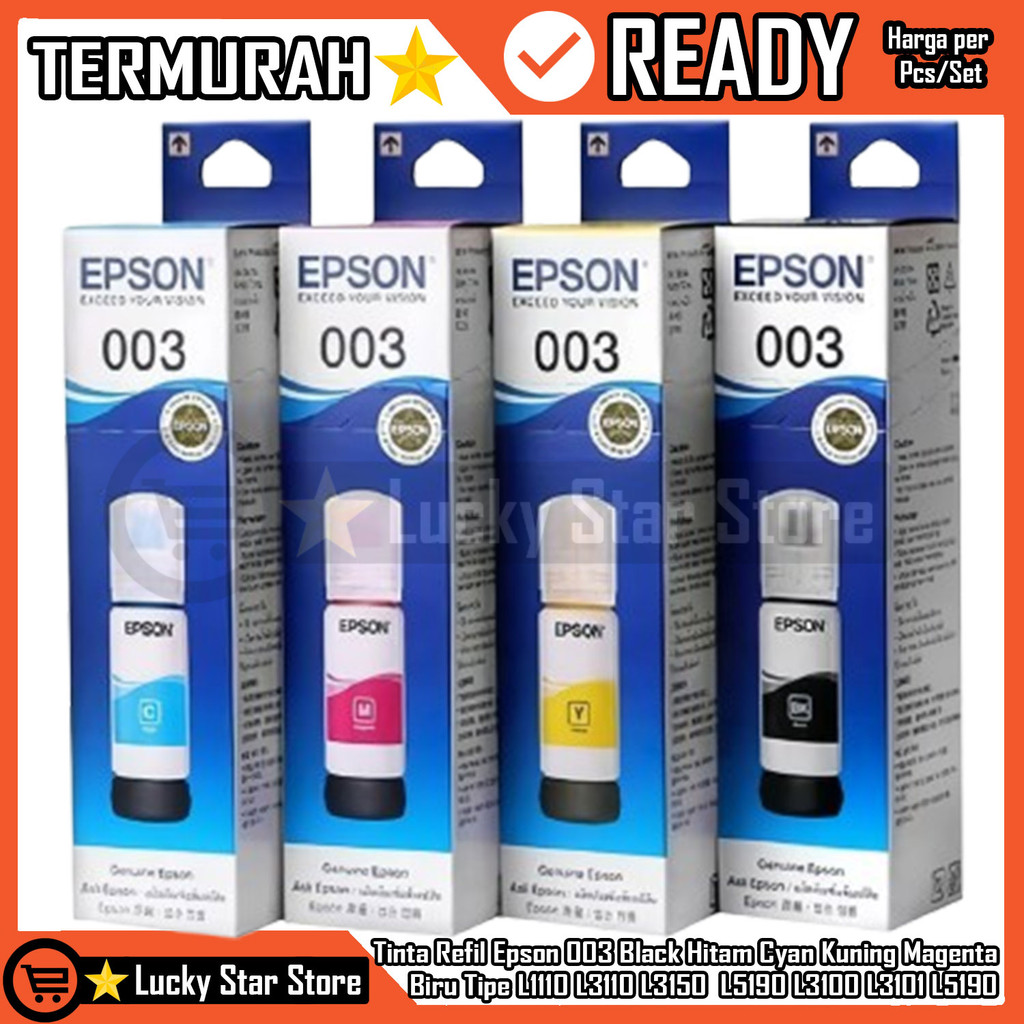 Epson 003 Tinta Bk CMY Original Refil Ink C M Y K Tipe Printer Perinter L1110 L3110 L3150 L5190 L310