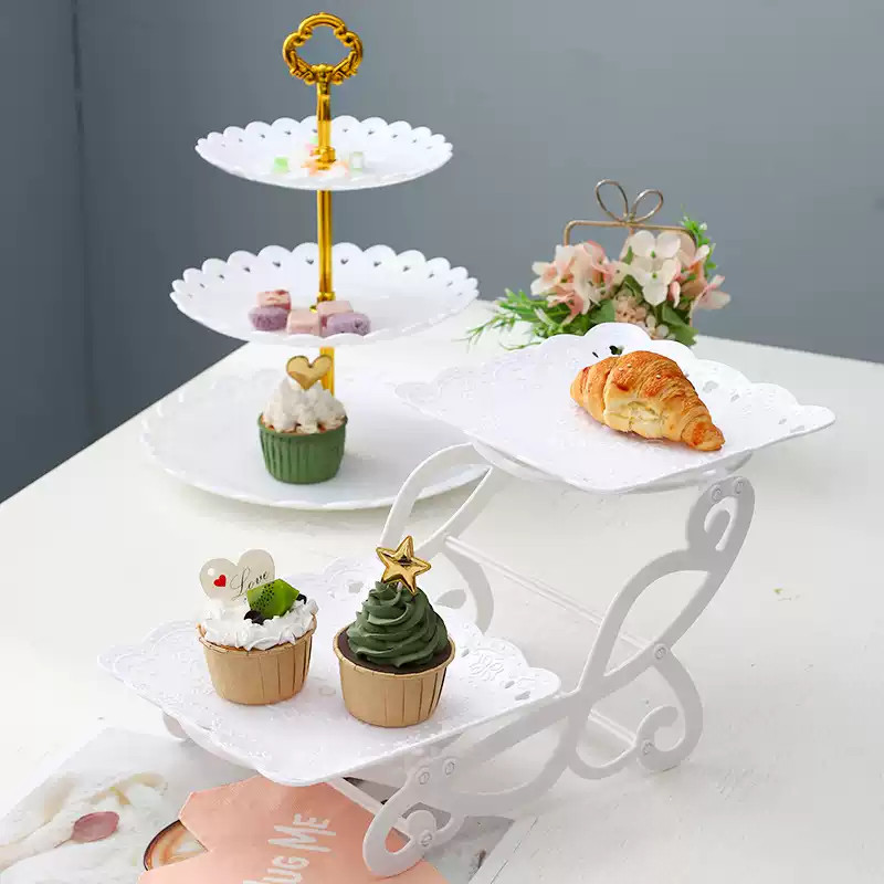 CARAT Rak Makanan Putih Gold Aesthetic/Piring Buah 2 SUSUN Piring Kue Snack Permen Buah Bentuk Unik 