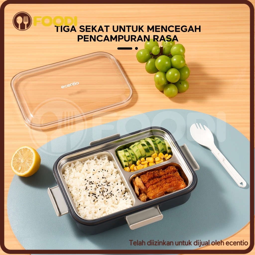

ecentio & FOODI Lunch Box Stainless Tahan Panas Dan Anti Tumpah 850ml sekat 3 Kotak Makan tempat makan kecil free sendok