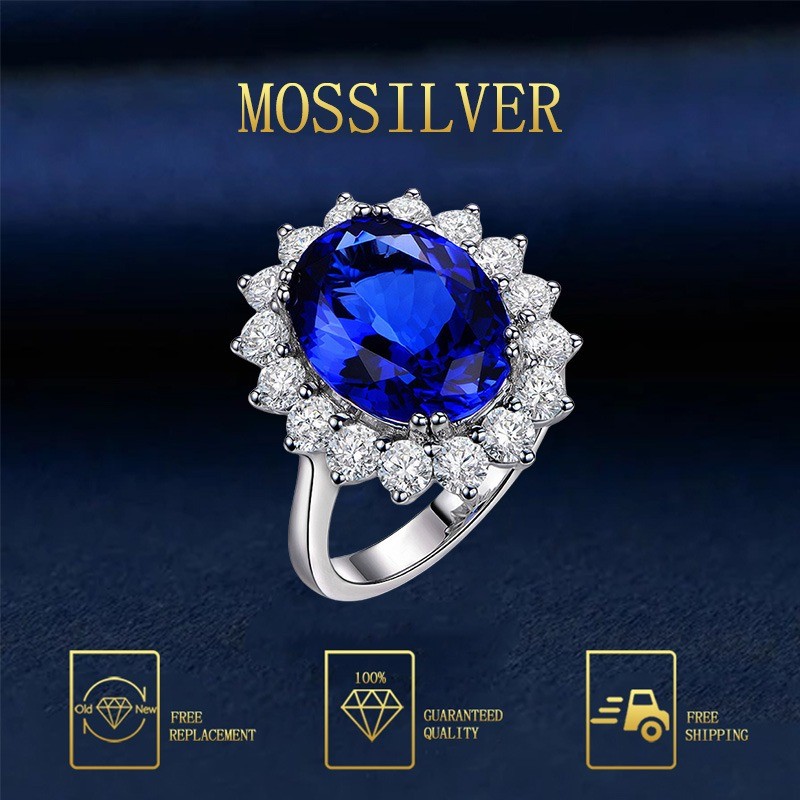 MOSSILVER Cincin Safir Tanzanite yang Mulia dan Mewah