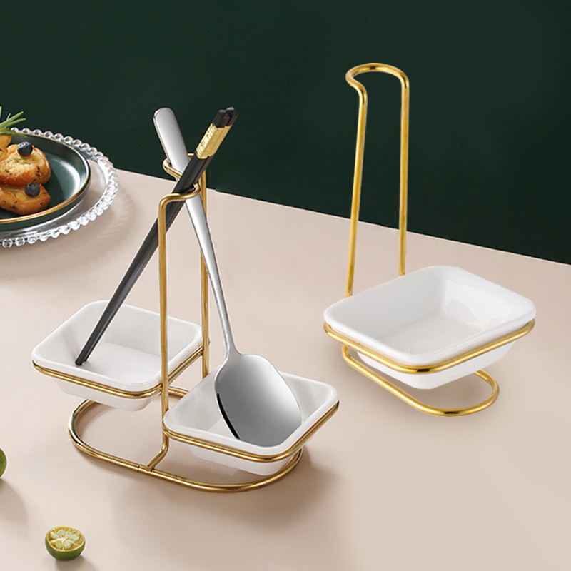 【Ready】Ladle Soup Holder Stainless Steel Spatula Dengan Mangkuk Keramik Ladle Soup Holder Emas Tempa