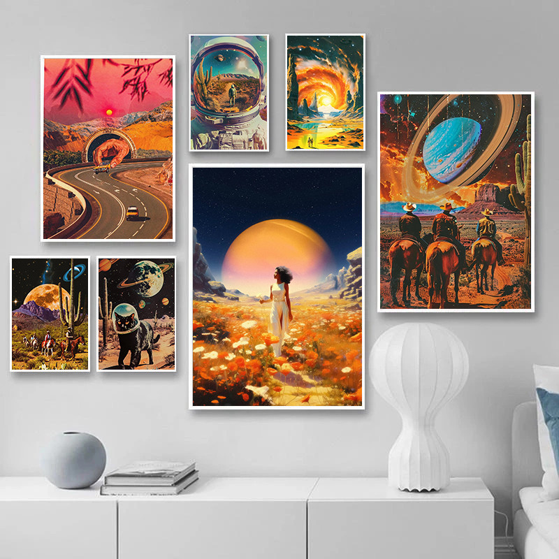 

Retro Futurism Universe Flower Field Science Fiction Collage Art Poster Canvas Printing Living Room Bedroom Home Decoration
