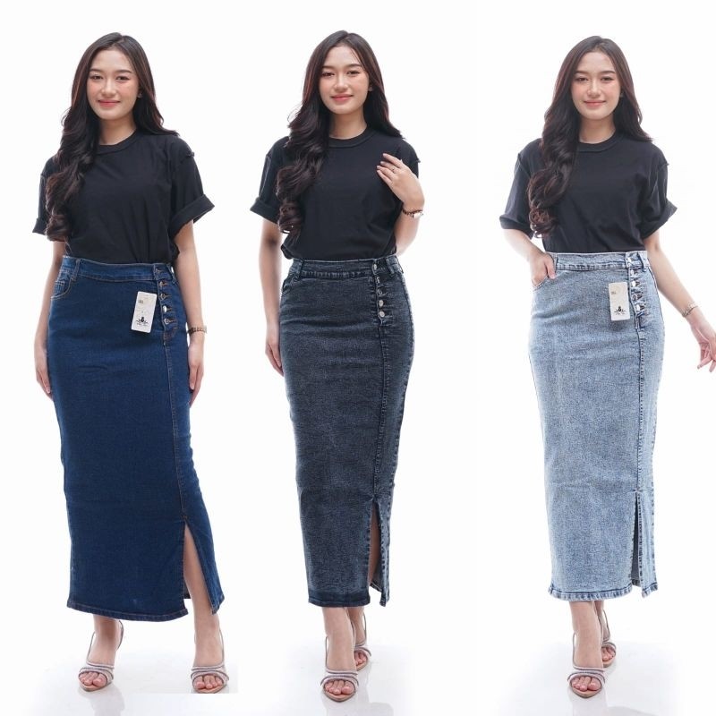 Rok jeans span panjang - rok denim skirt higwaist - Rok jeans Stretch style kancing 5 belah depan