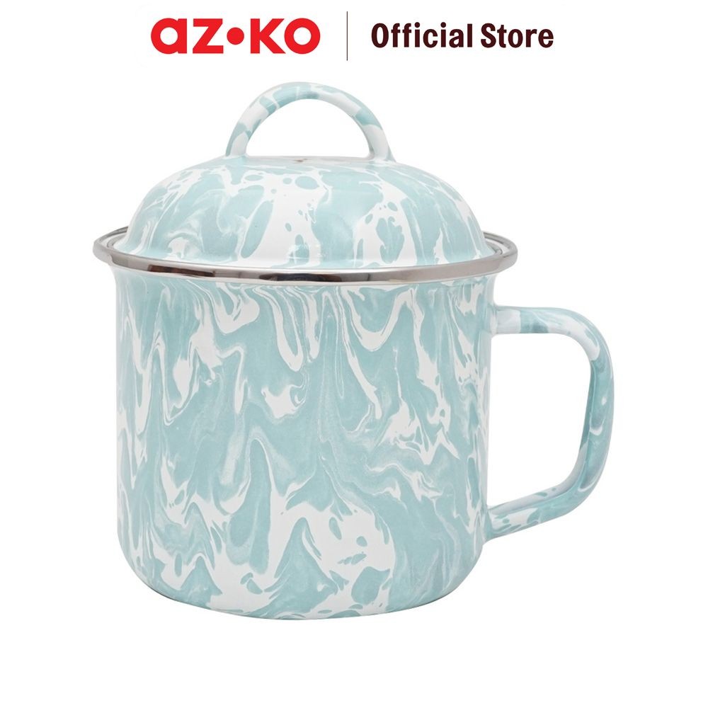 AZKO Kichero Mug Enamel Dengan Tutup Doreng - Biru Gelas Minum Tea Cangkir Kopi Wadah Minuman Coffee