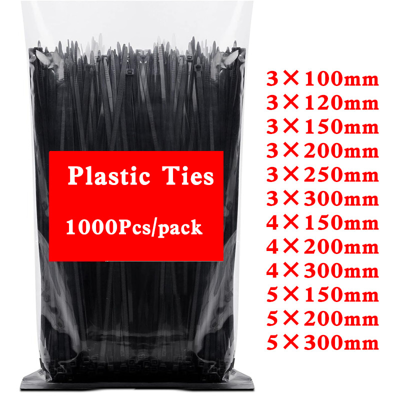 

1000 PCS/pack Self-locking plastic nylon tie black 5x300mm cable tie 3x200mm cable tie zip wraps strap nylon cable tie set 3×100