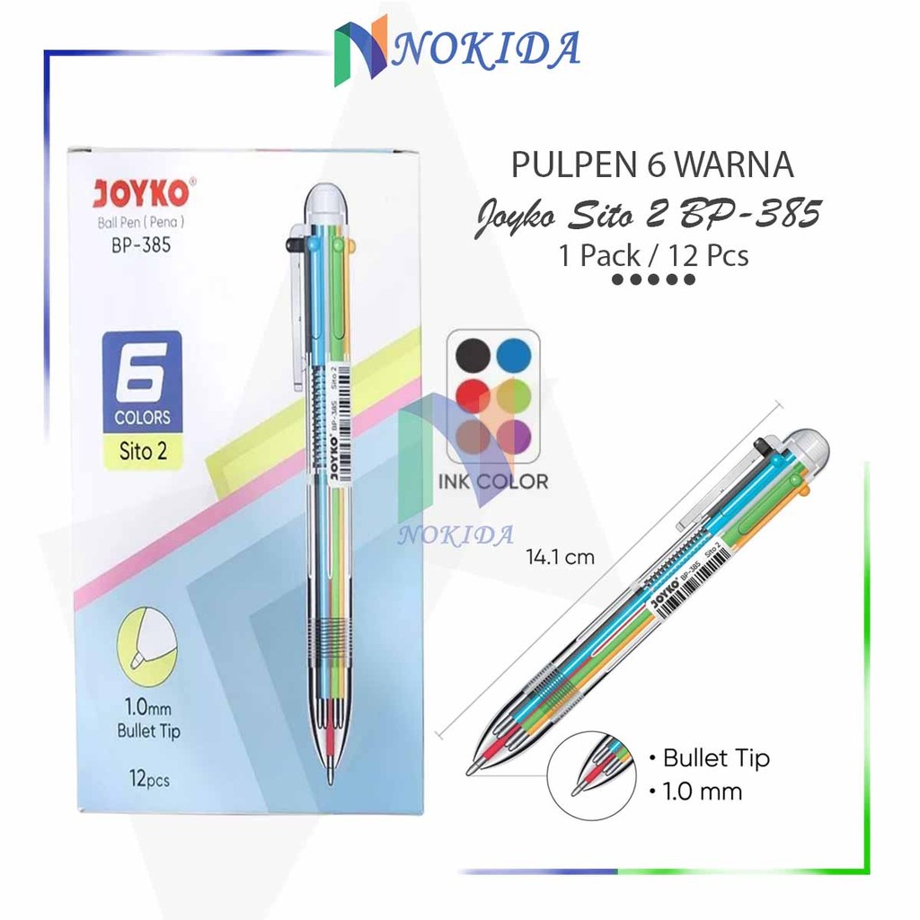 

Nokida Pulpen 6 Warna Sito 2 BP-385 Joyko [1 Pak] / Ball Pen Pena Warna Warni / Bolpen Hitam Biru Merah 1 Pack