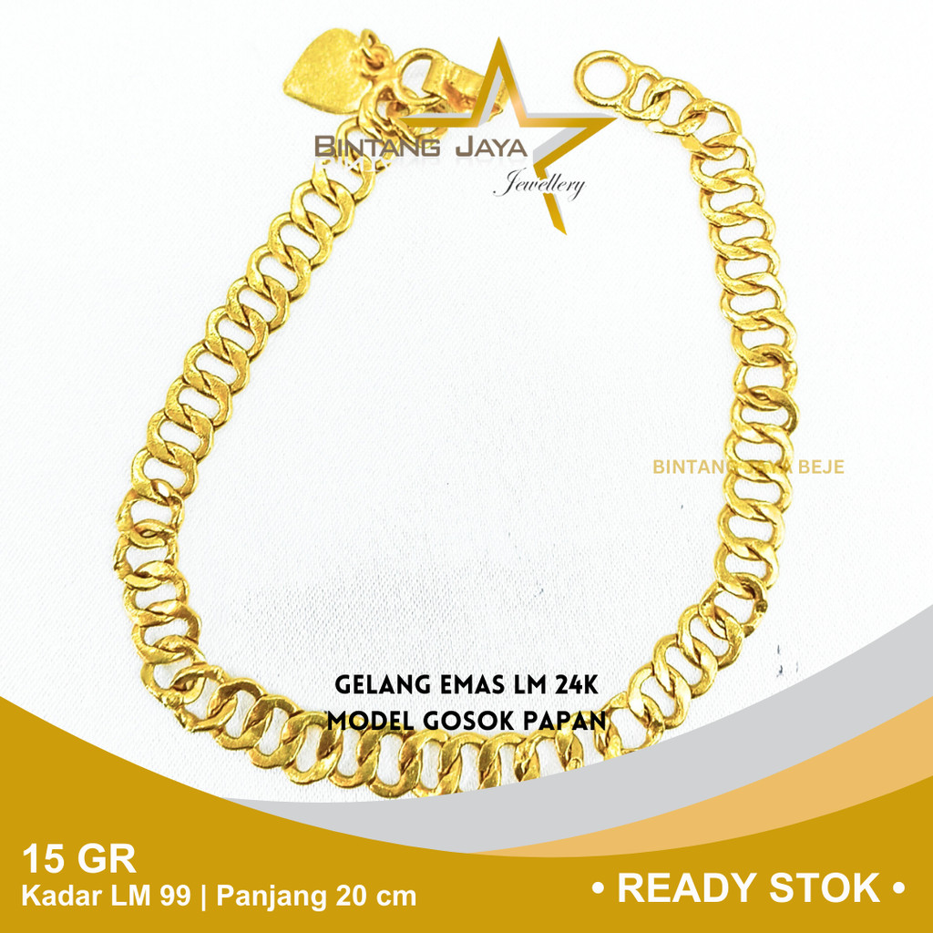 Gelang Emas Kadar 24K LM 99 Berat 15.01 gr gram Panjang 16.5 cm Model Rantai Gosok Papan Kait S Love