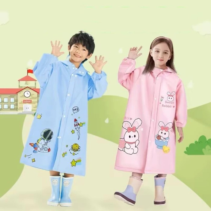 Jas Hujan Poncho Ponco Jubah Lengan TPV Anak Remaja Karakter Lucu Umur 4 5 6 7 8 9 10 11 12 13 Tahun Children Kids Raincoat Hoodie Tudung Transparan Cool Dino Dinosaurus Astronot Hello Sweet Rabbit Muat Tas Backpack Sekolah Night Reflective Strip SD SMP