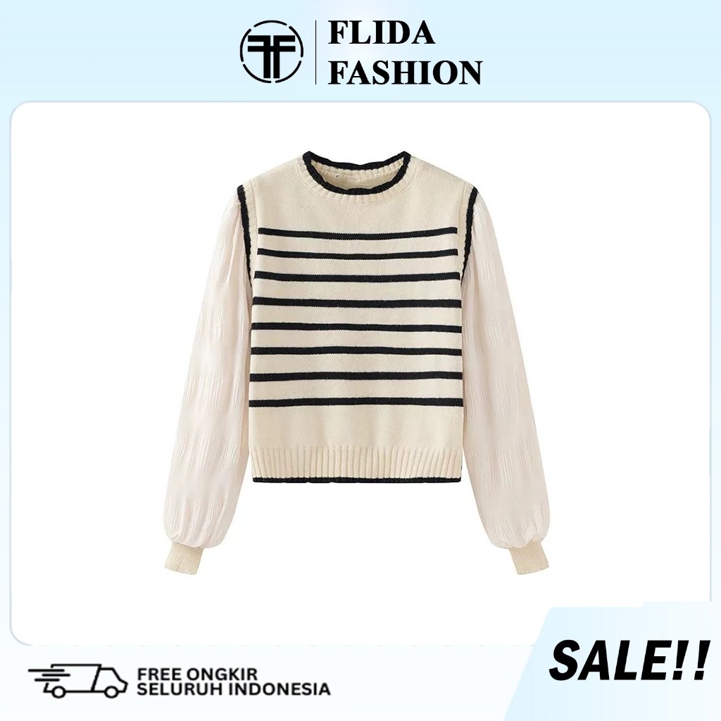 KDC97 FLIDA FASHION Atasan Rajut Wanita Lengan Balon Panjang Putih - Knitwear Tangan D28
