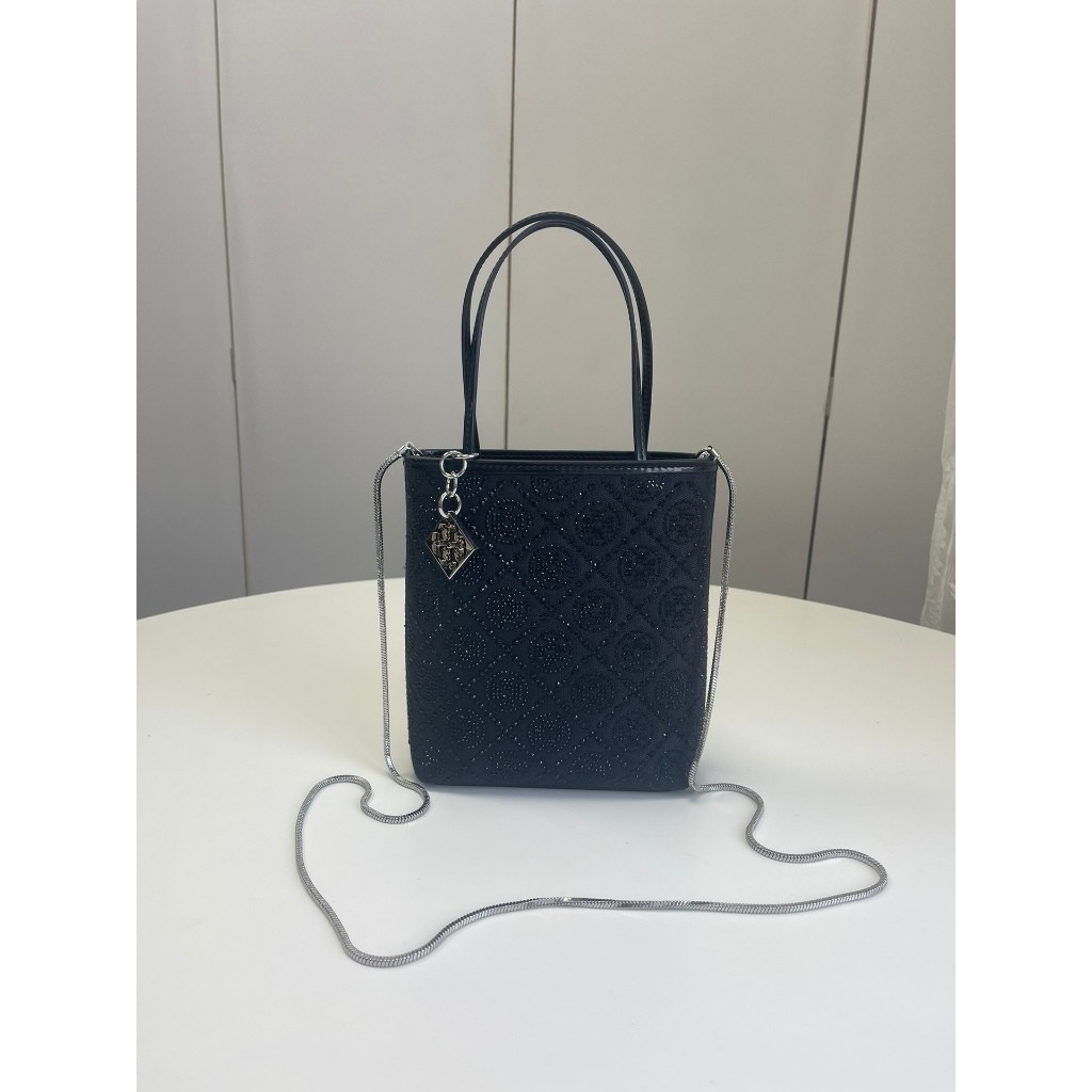 New Counter ORI Tory Burch 026 TB Monogram Sparkling Night Hot Diamond Mini Tote Bag Chain strap cro