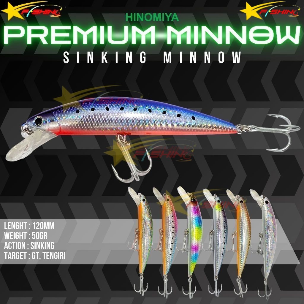 Stars Fishing Umpan HINOMIYA Premium Minnow Sinking 12cm 50gr Mancing Ikan Tengiri GT Hook VMC Kuat