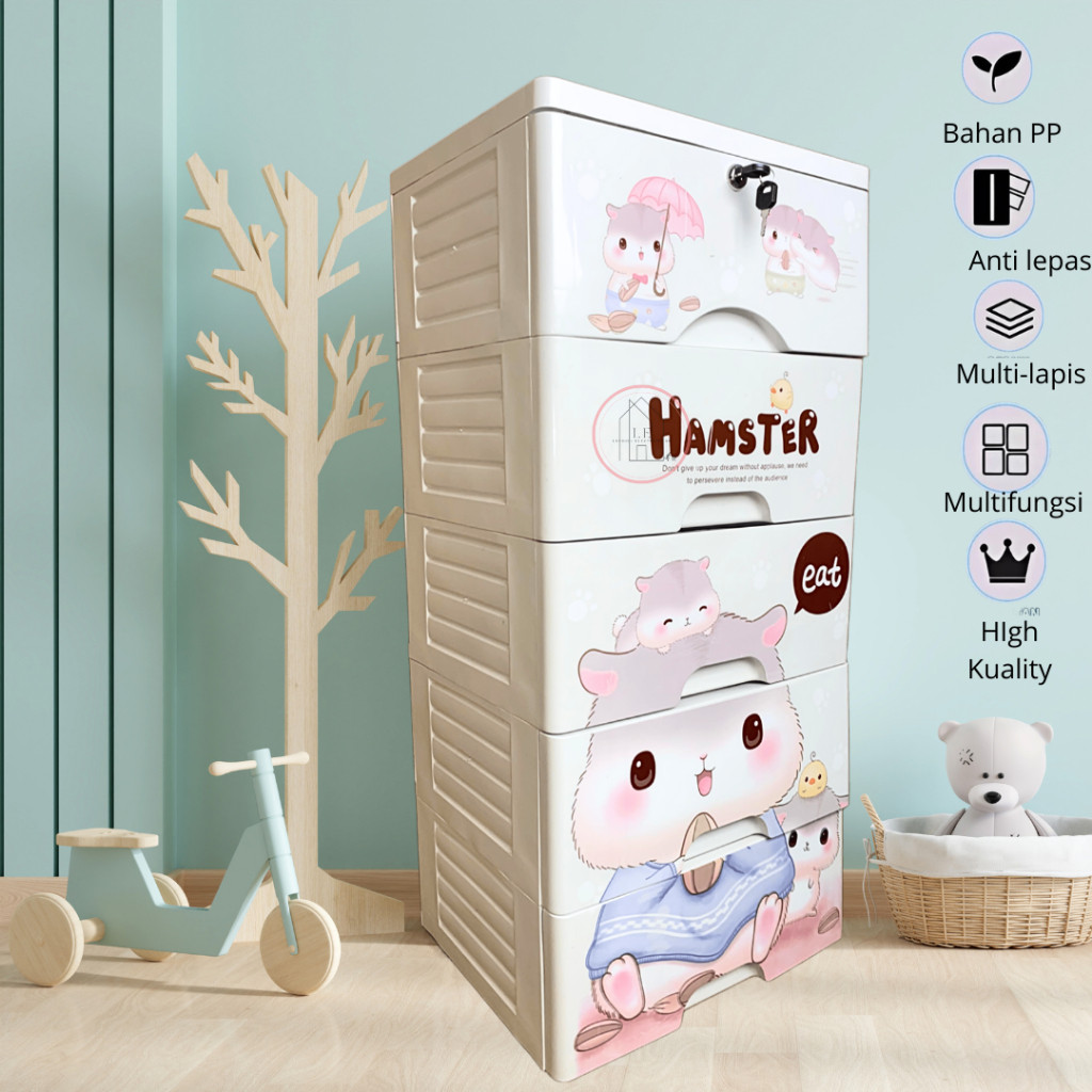 VF34ED Lemari Pakaian Plastik Anak Perempuan Laki Laki Gambar Tedy Bear Dan Hamster Gaya Eropa Lemar