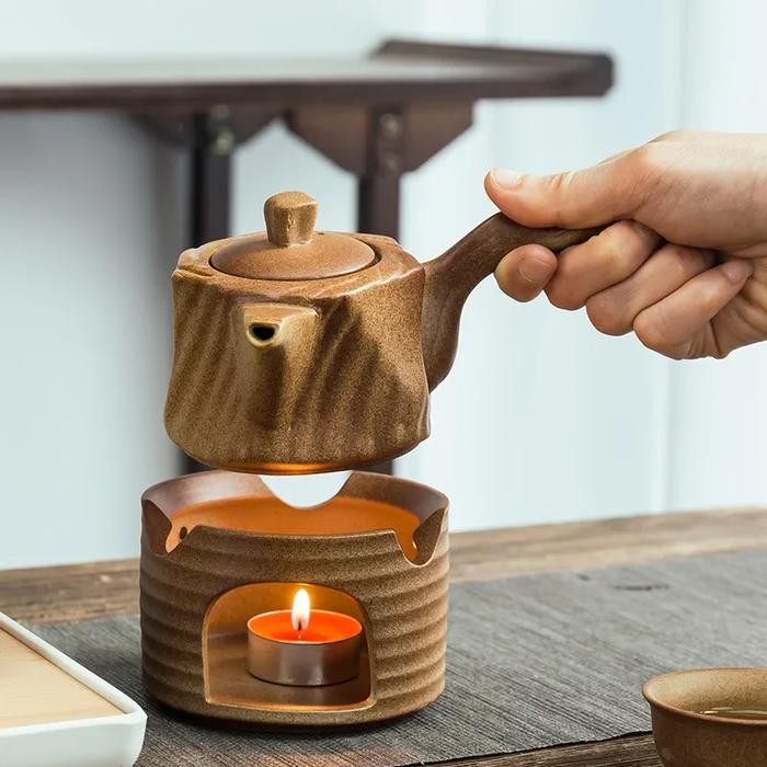OHGET Teko Teh Keramik 200ml dengan Pemanas Lilin – Teapot Set + 2 Gelas & 10 Lilin | Candle Warmer 