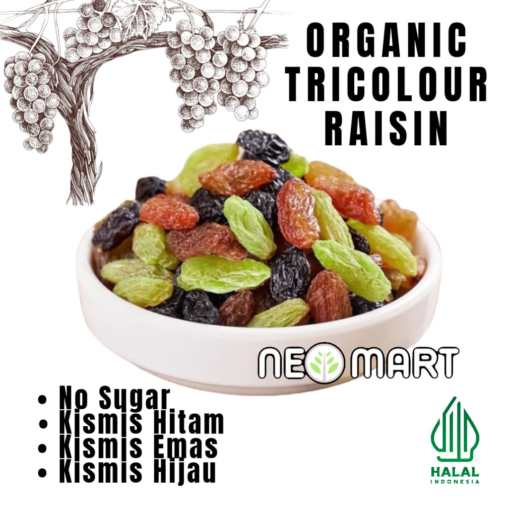 

Tricolour Raisins Unsweetened 1kg(1.000gram)/ Kismis Emas, hijau dan Hitam / Kismis 3 warna/camilan food Snacks Toples