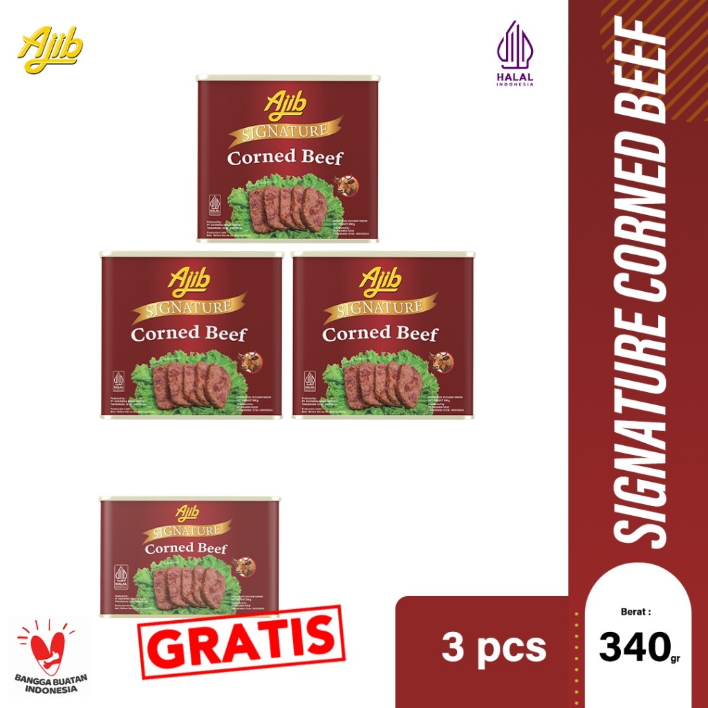 

[ FLASH SALE ] Ajib Signature Kornet Daging Sapi 340 gr - Beli 3 Gratis 1 ajib signature kornet sapi 200 gr