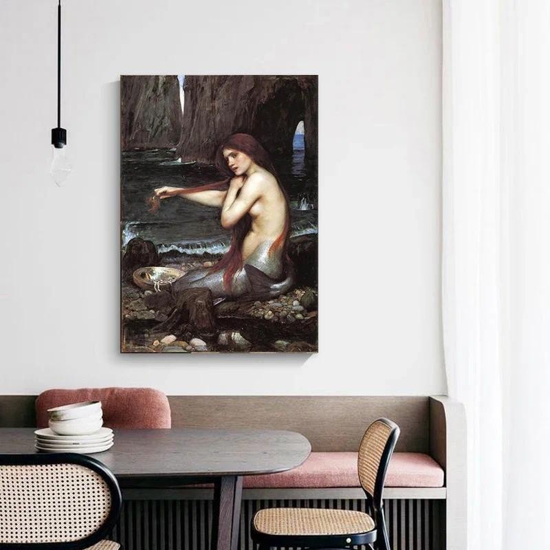 

William Waterhouse " A Mermaid " Canvas Oil Painting World Famous Artwork Poster Picture Modern Wall Art Decor Home Decoration