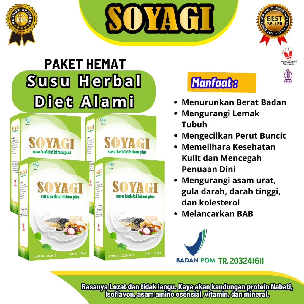 

[Paket Hemat] Soyagi 200gr – Susu Diet Kedelai Hitam Herbal | Pelangsing Alami, Turunkan BB, BPOM