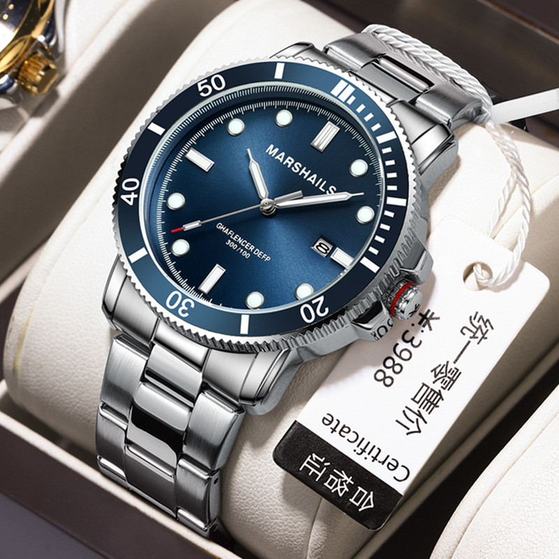 

Jam Tangan Pria Perdagangan Luar Negeri Cross-Border Tahan Air Kalender Bercahaya Jam Tangan Kuarsa Selam Pita Baja Pria