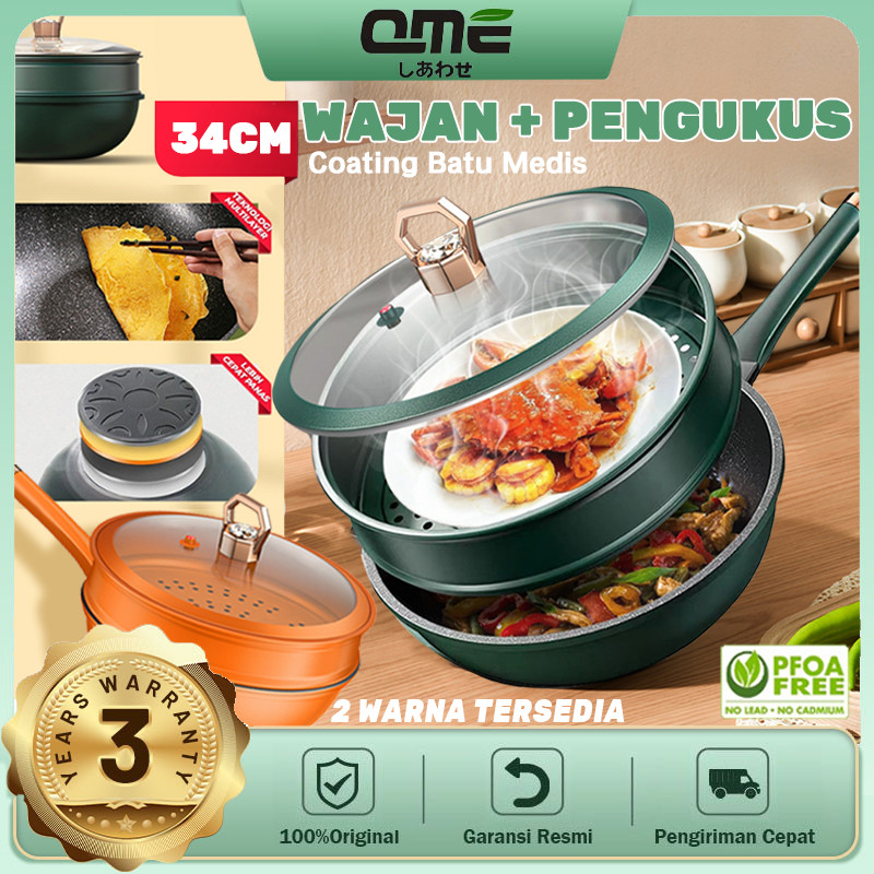 

QME 3IN1 Emerald Green Wajan Batu Medis dengan Steamer 32 CM Anti Lengket Hijau Premium Panci Kukus Serba Guna 32cm Kitchenware