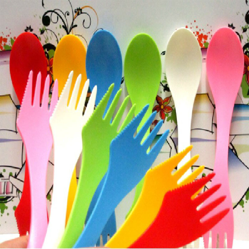 

3 X 3 In 1 Spoon Fork Cutter Set Travel Camping Hiking Picnic Utensils Plastic Spork Combo Travelling Gadget Cutlery Tableware
