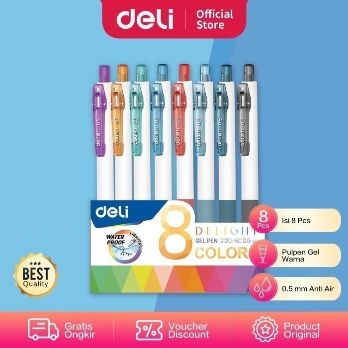 

BelanjaMall DELI035 Deli Color Gel Pen / Pulpen Gel Warna Isi 8pcs 0.5mm Anti Air EG120-08 Y1675