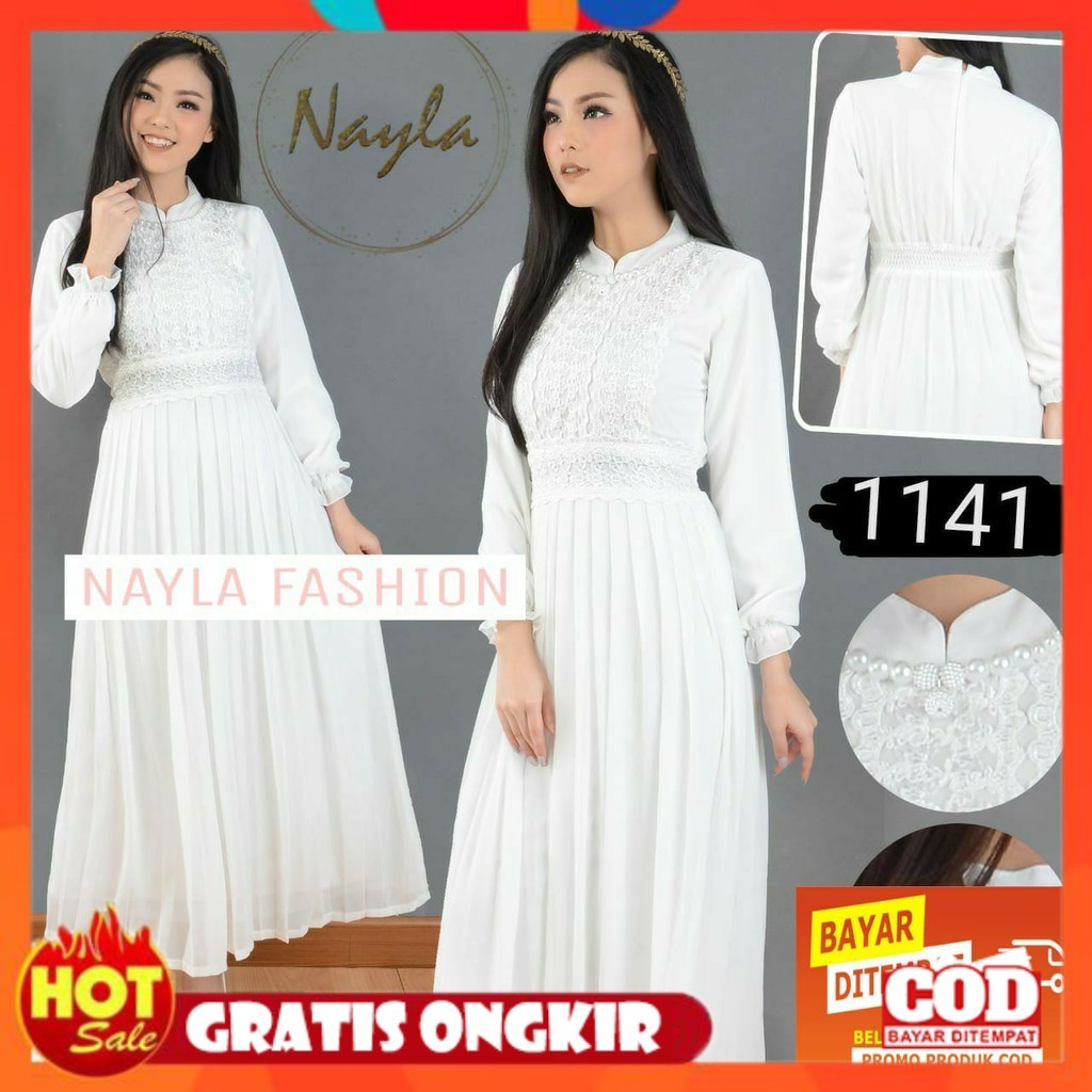 [PREMIUM ORIGINAL] NAYLA - Thalia Dress Baju Gamis Putih Wanita Gamis Plisket Gamis Pesta Busana Mus