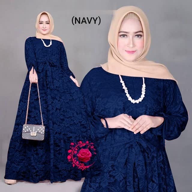 Gamis brukat L marifa navy baju wanita brokat import murah mar GB