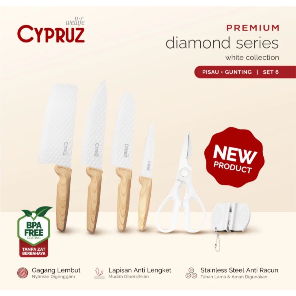 PROMO PISAU SET CYPRUZ KNIVES DIAMOND KNIFE SET WHITE PUTIH SET 6 PCS