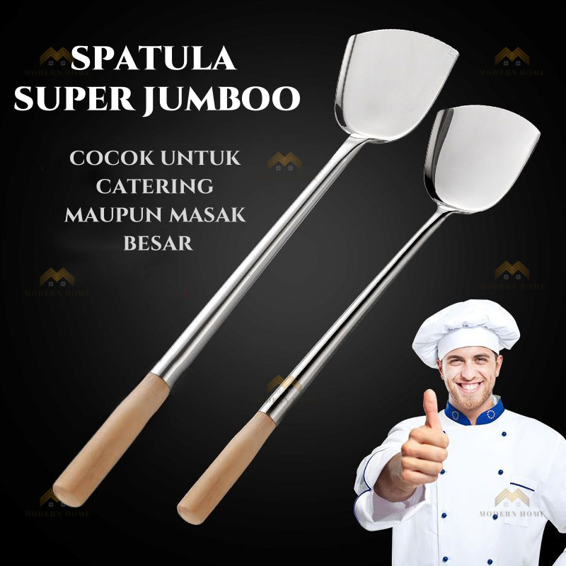 Spatula Stainless Steel Super Jumbo Sotel Alat Masak Serbaguna Gagang Kayu Irus Serbaguna Spoon Kitc