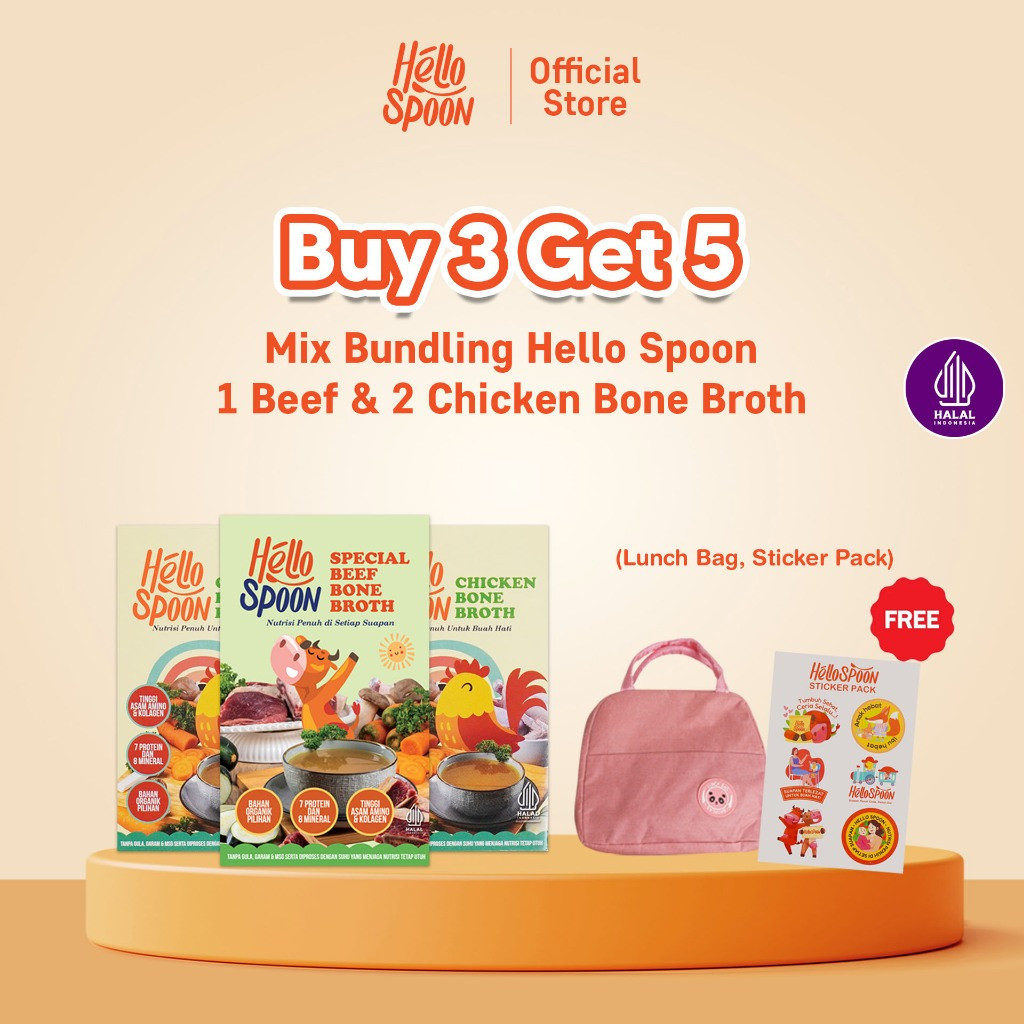 

[BUY 3 GET 5] - 1 BEEF BONE BROTH & 2 CHICKEN BONE BROTH Hello Spoon FREE Tas Bekal & Sticker Pack - 100% bahan alami - Tanpa MSG & Pengawet