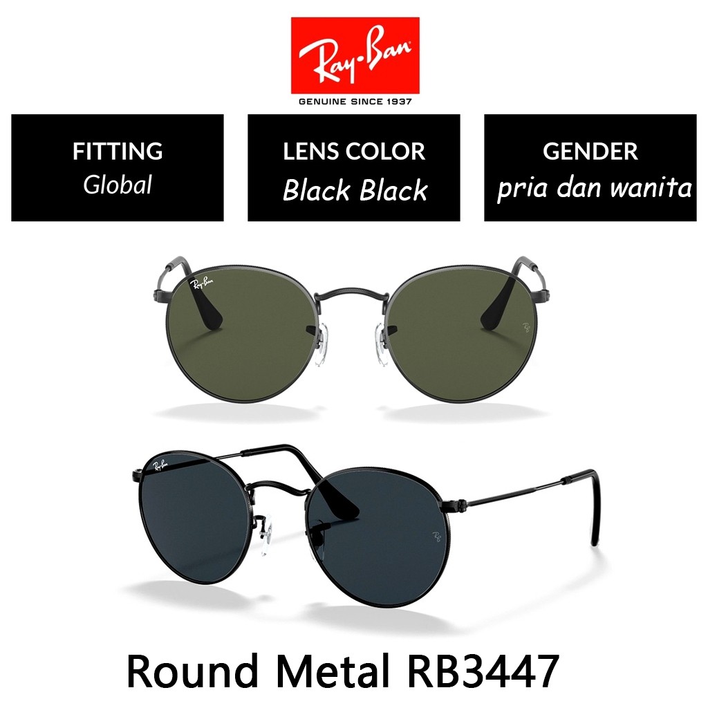 Asli Kacamata Hitam RAY-BAN ORIGINAL 100%  Round RB3447 Sunglasses 53mm Black Green pria wanita